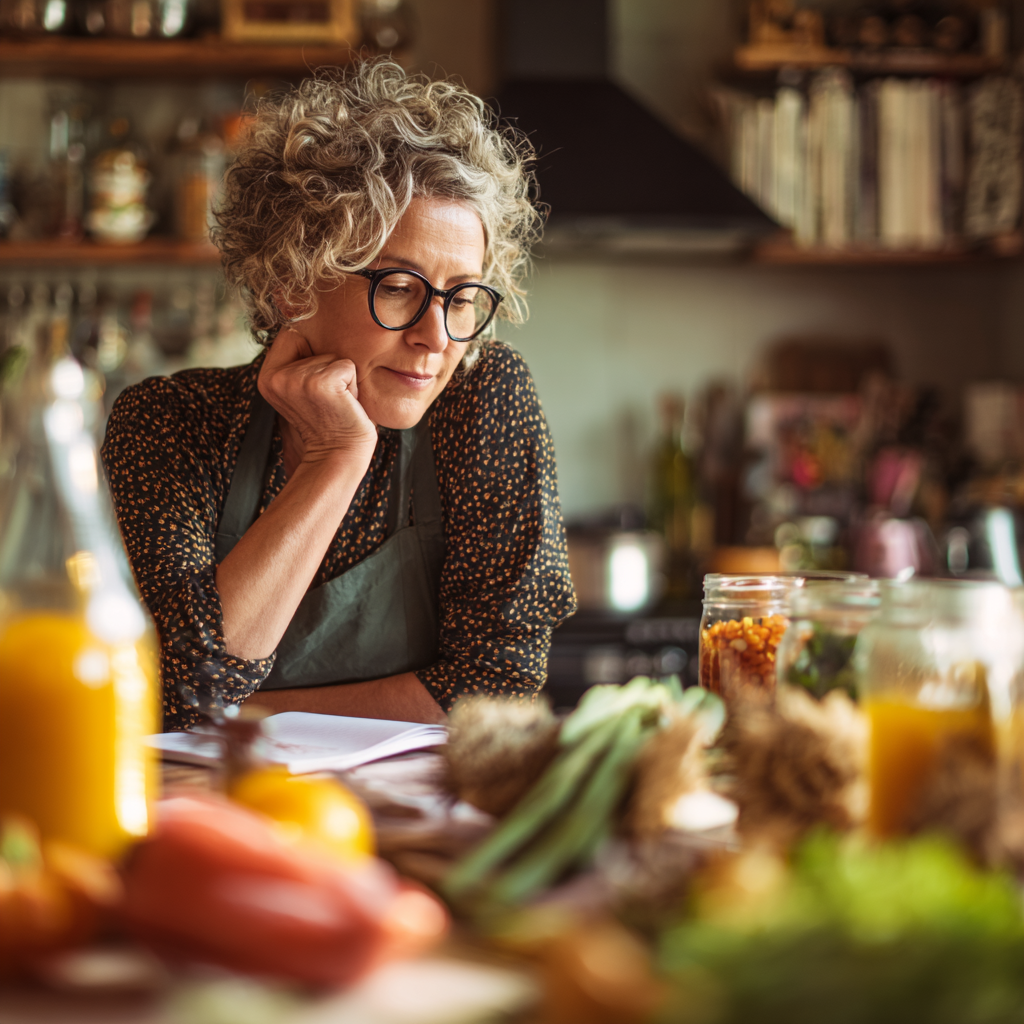 mature woman in her fifties carefully planning healthy meals at kitchen table