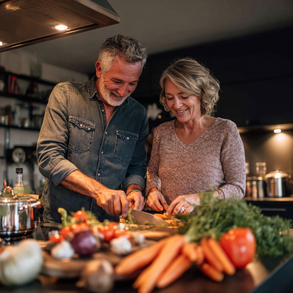 middle-aged couple in their fifties preparing nutritious meal together in modern kitchen